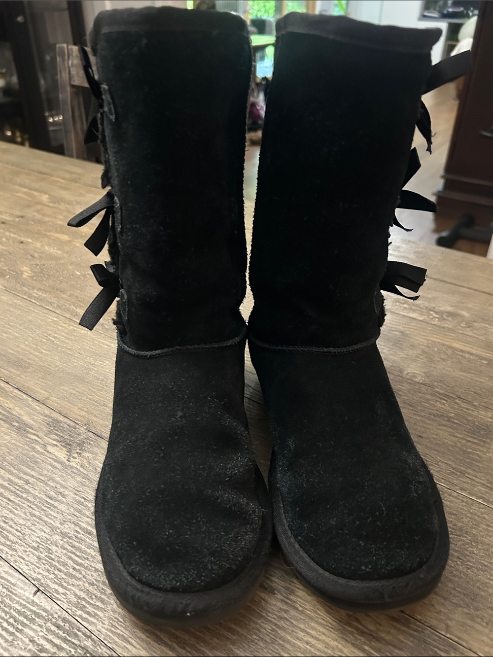 UGG Black Suede Mid-Calf Bow Back Winter Boots